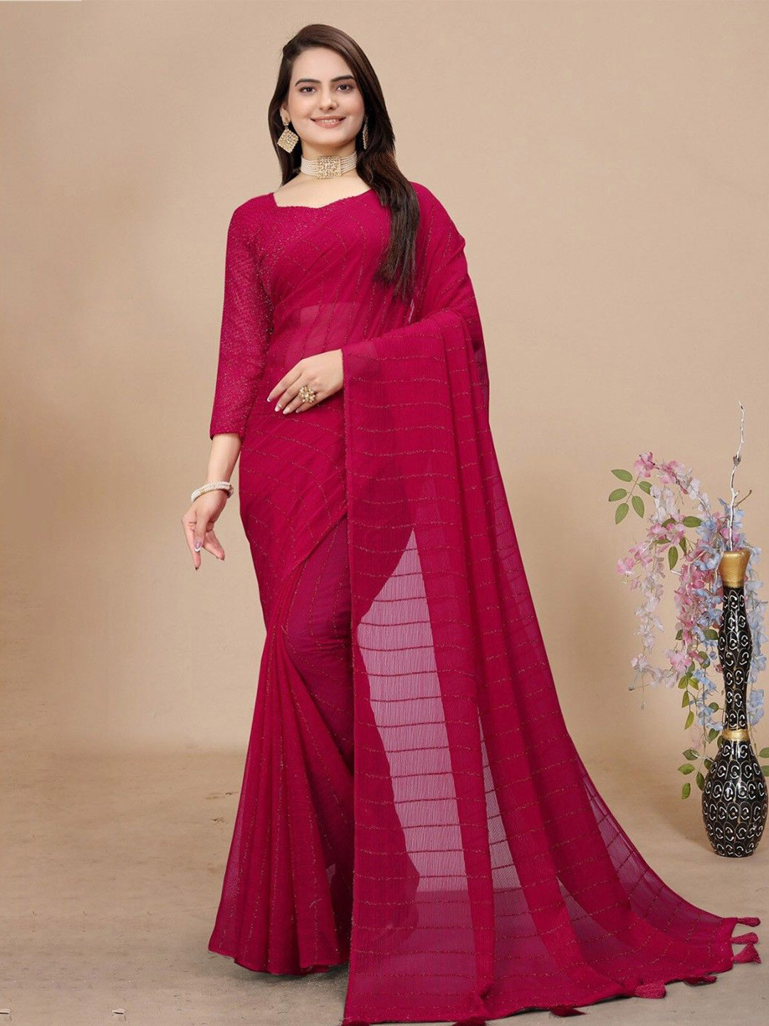 

A TO Z CART Striped Pure Chiffon Saree, Pink