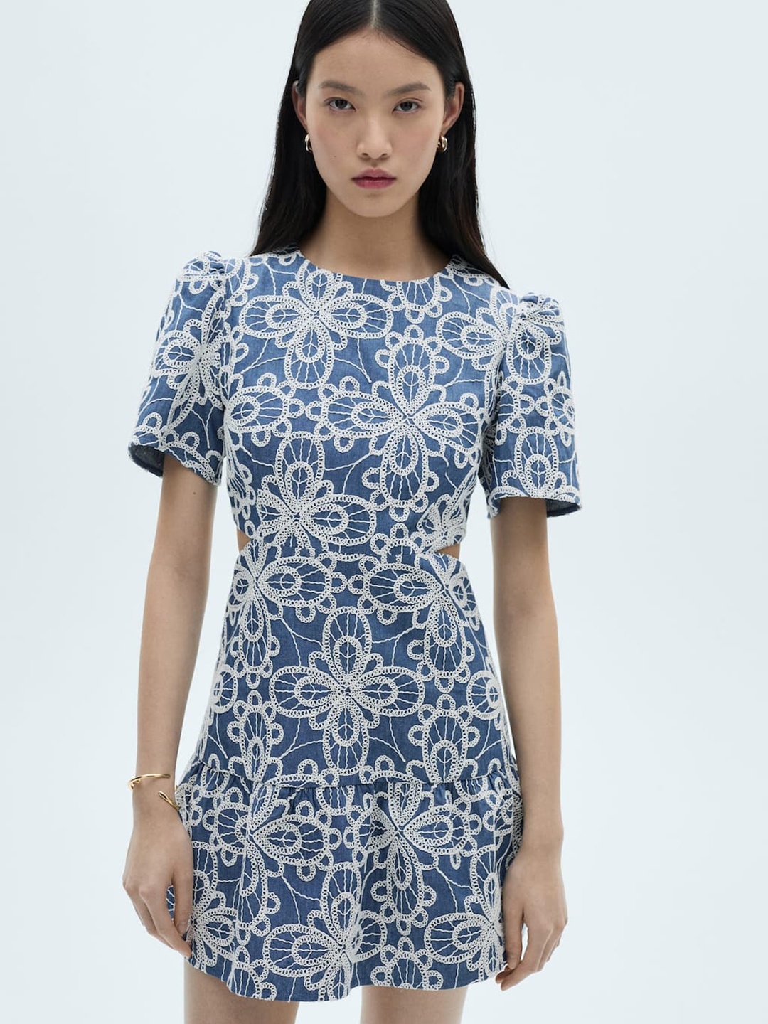 

MANGO Floral Embroidered Cut-Out Detail Denim Mini A-Line Dress, Navy blue