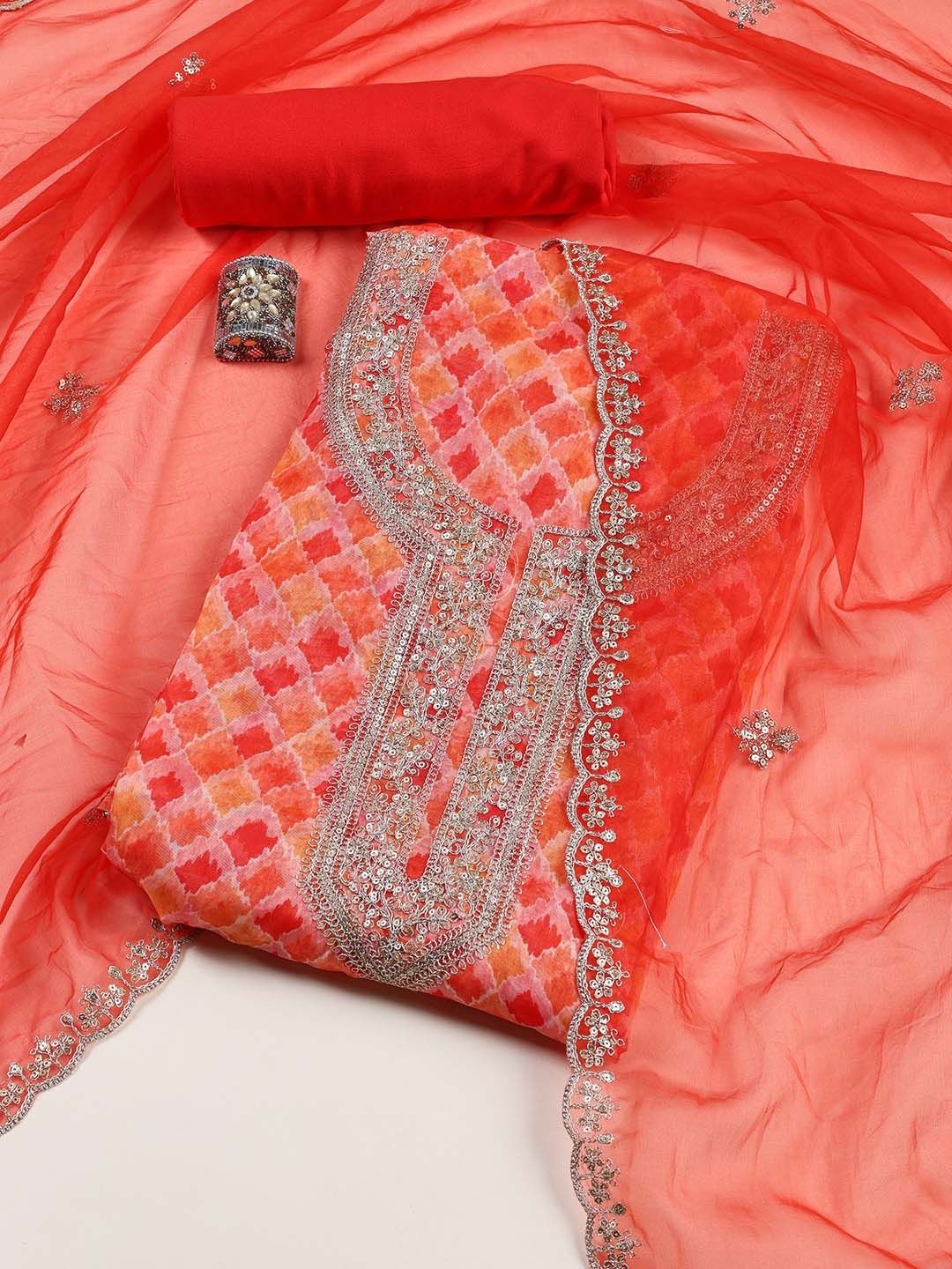

Meena Bazaar Printed Organza Unstitched Dress Material, Orange