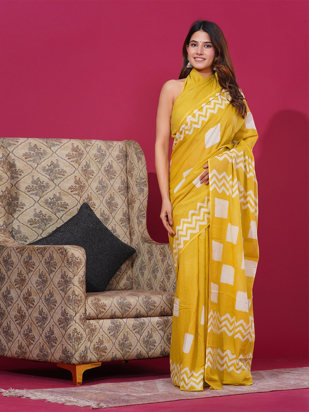 

Shivanya Handicrafts Batik Block Printed Pure Cotton Saree, Yellow