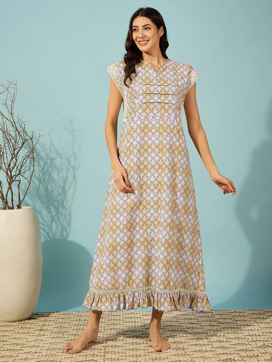 

The Kaftan Company Women Printed Pure Cotton Maxi Nightdress, Yellow