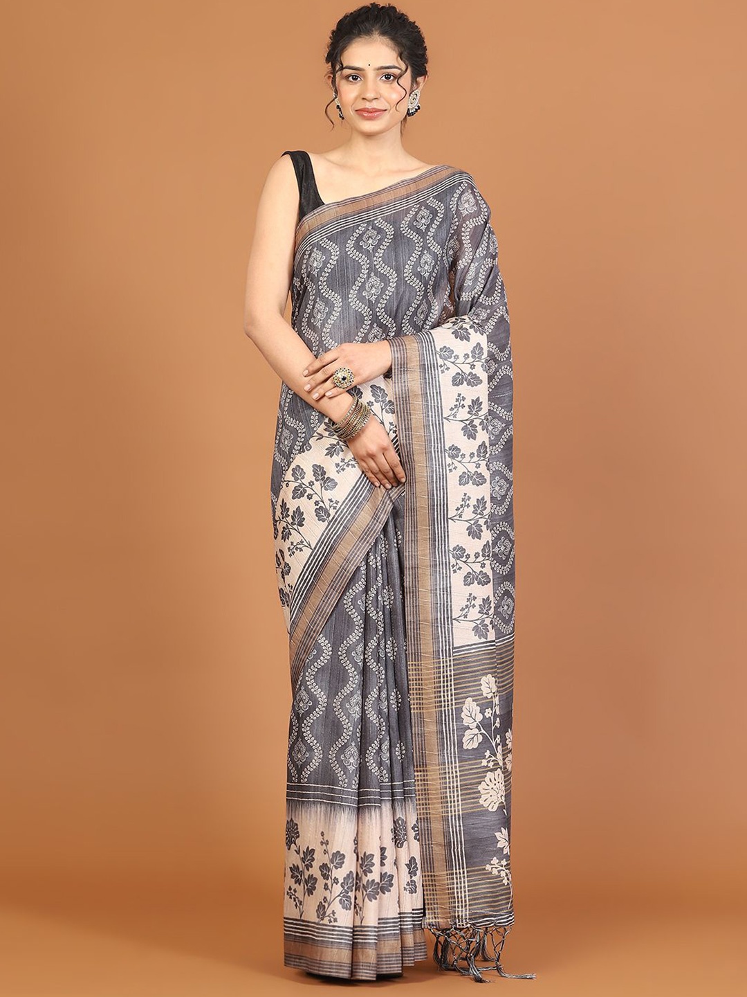 

Meena Bazaar Floral Art Silk Tussar Saree, Grey