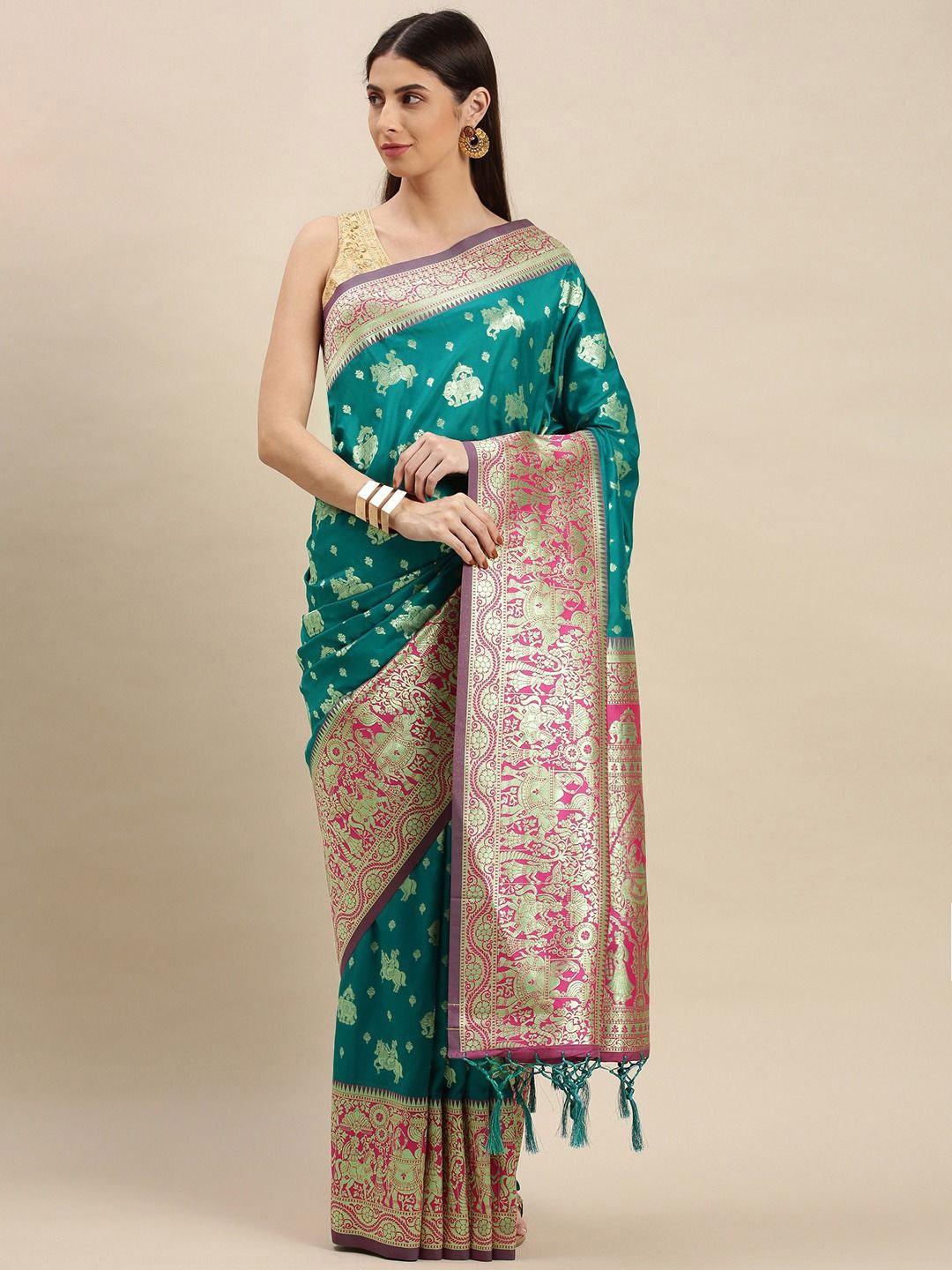 

flaher Ethnic Motifs Woven Design Zari Banarasi Saree, Turquoise blue