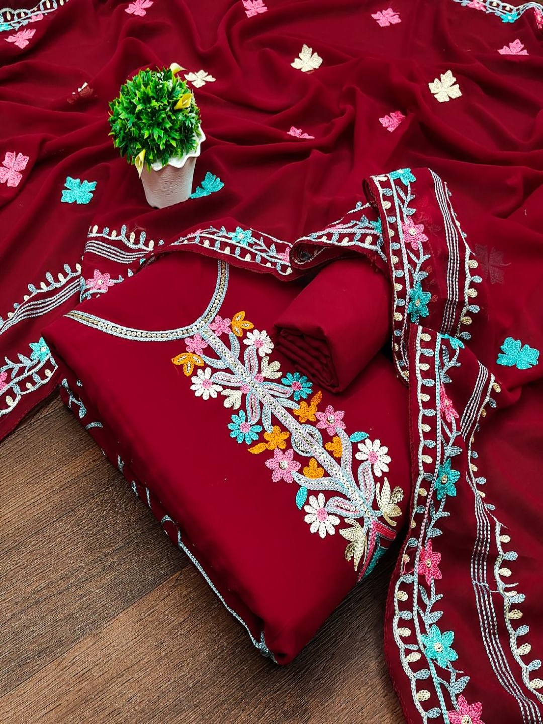 

A TO Z CART Floral Embroidered Sequinned Silk Georgette Unstitched Dress Material, Maroon