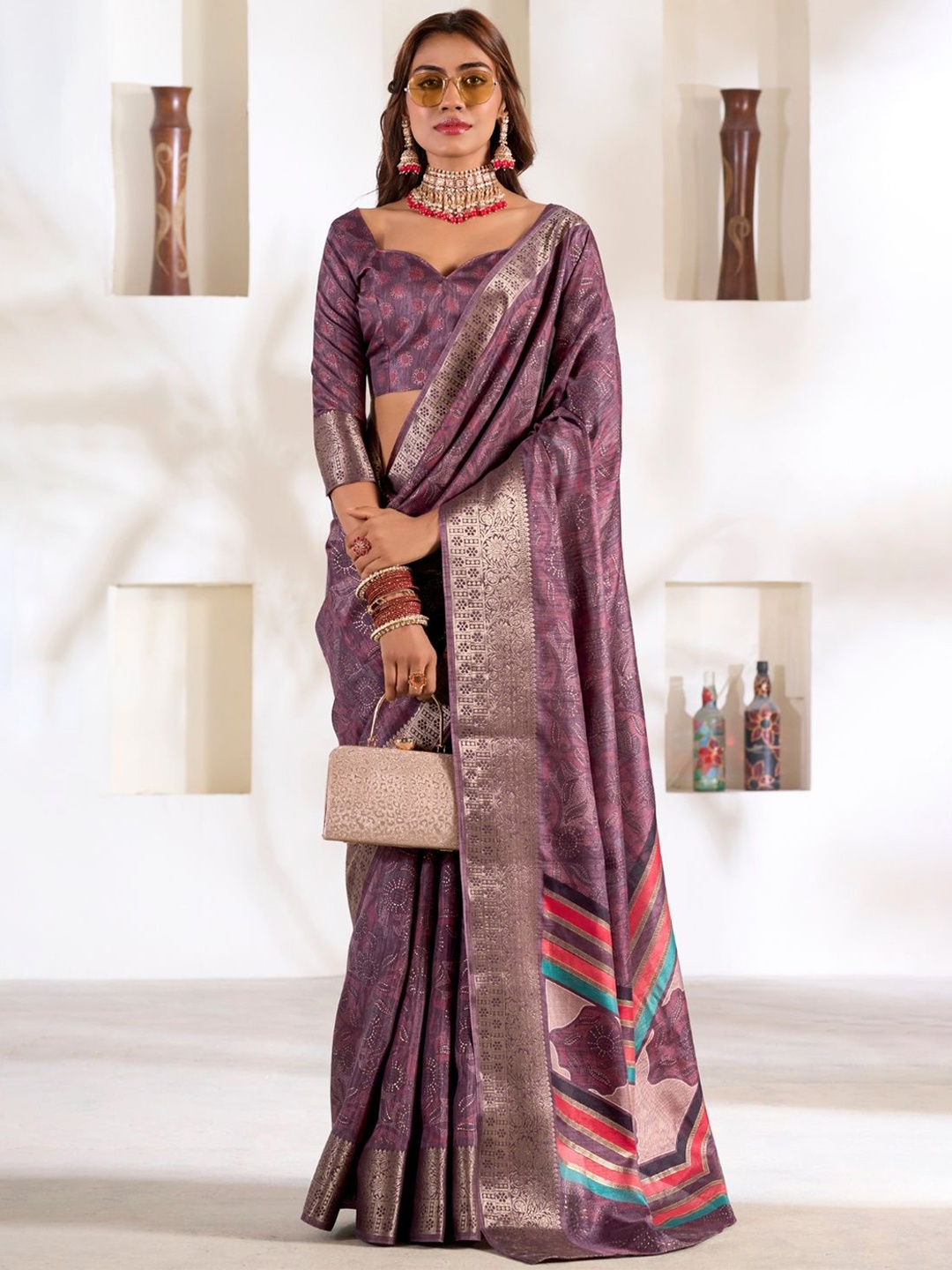 

DEVATITHI Woven Design Purple Soft Dola With Foil Print Saree