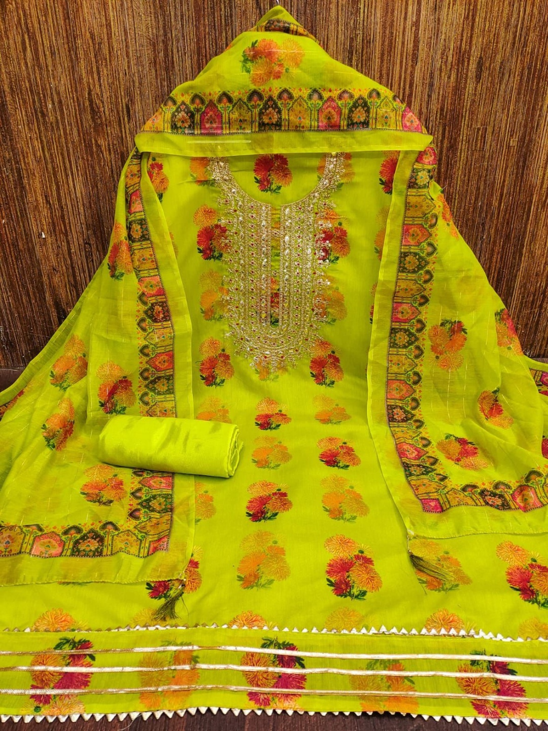 

KALINI Printed Silk Georgette Unstitched Dress Material, Green