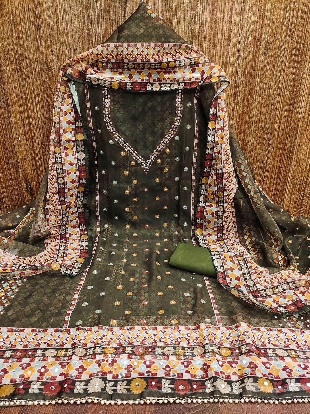 

KALINI Floral Printed Sequinned Organza Unstitched Dress Material, Green