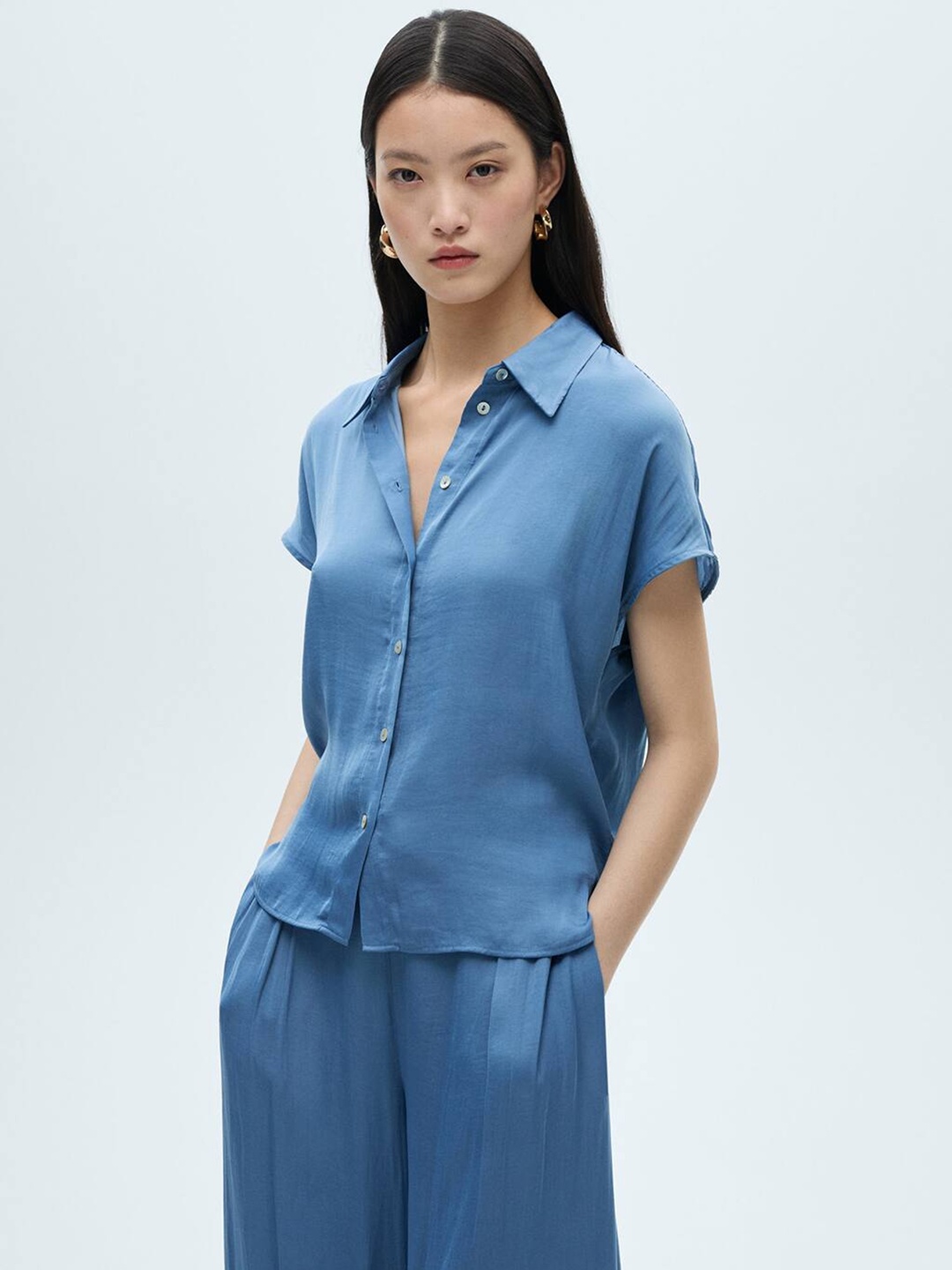 

MANGO Satin Finish Shirt, Blue