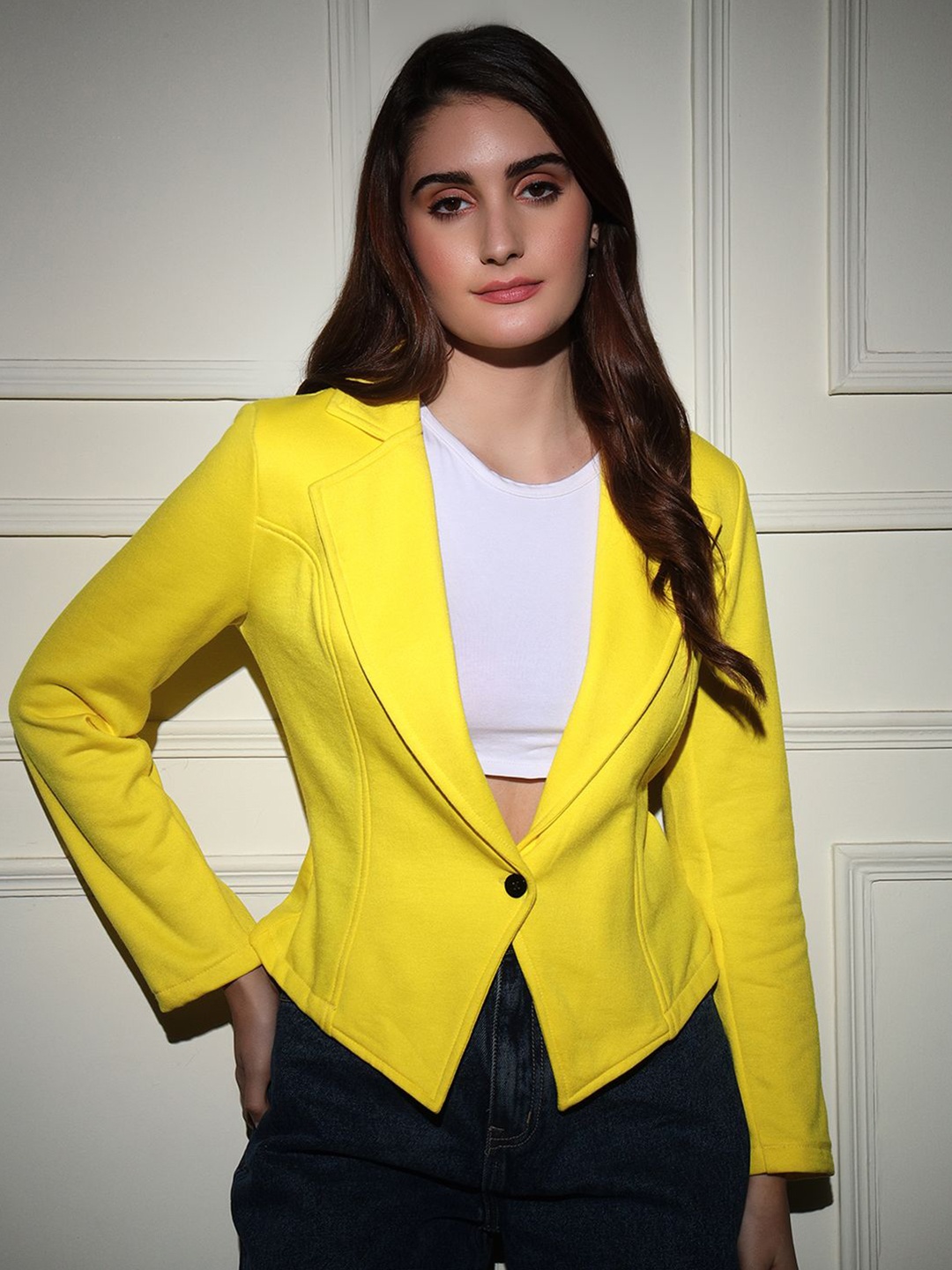 

TANDUL Women Notched Lapel Single-Breasted Blazers, Yellow