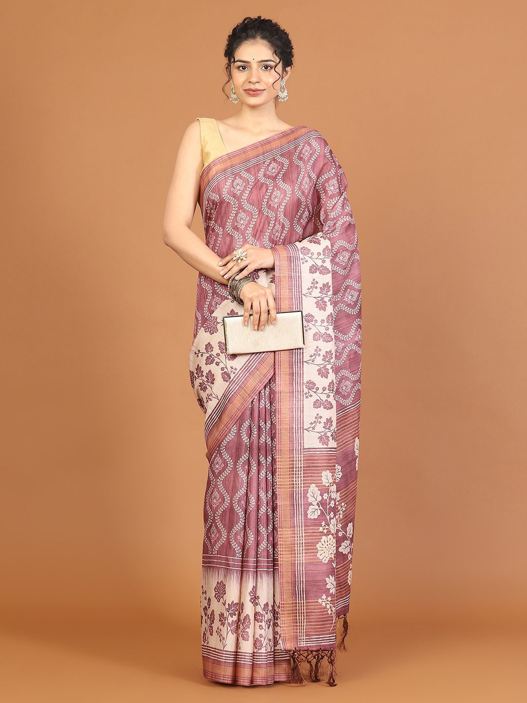 

Meena Bazaar Art Silk Tussar Saree, Pink