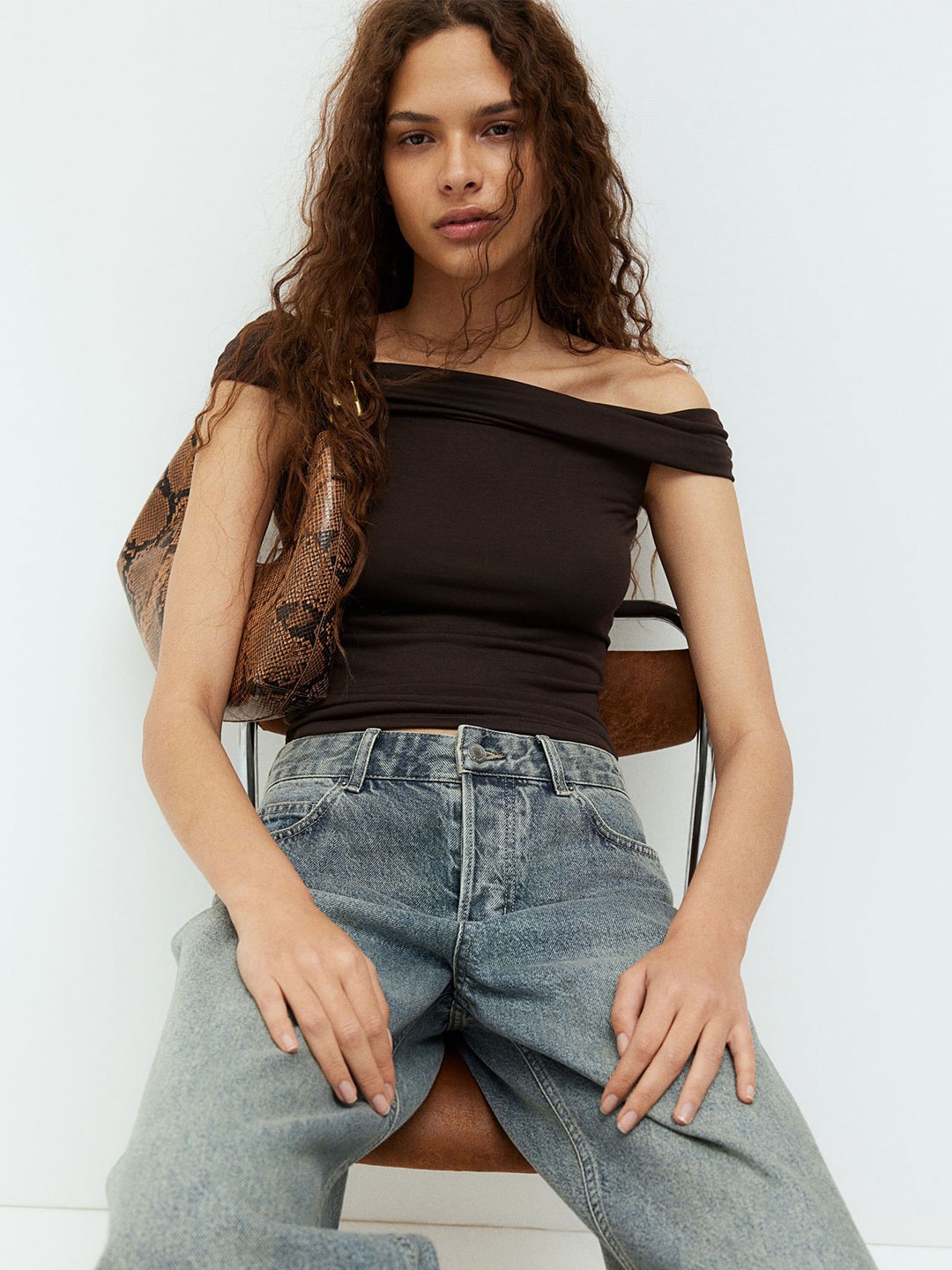 

H&M Gathered Off-The-Shoulder Top, Brown