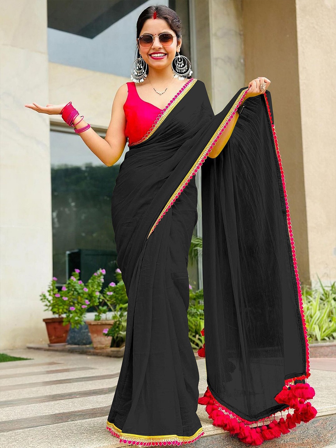 

A TO Z CART Embroidered Lace Pure Georgette Saree, Black