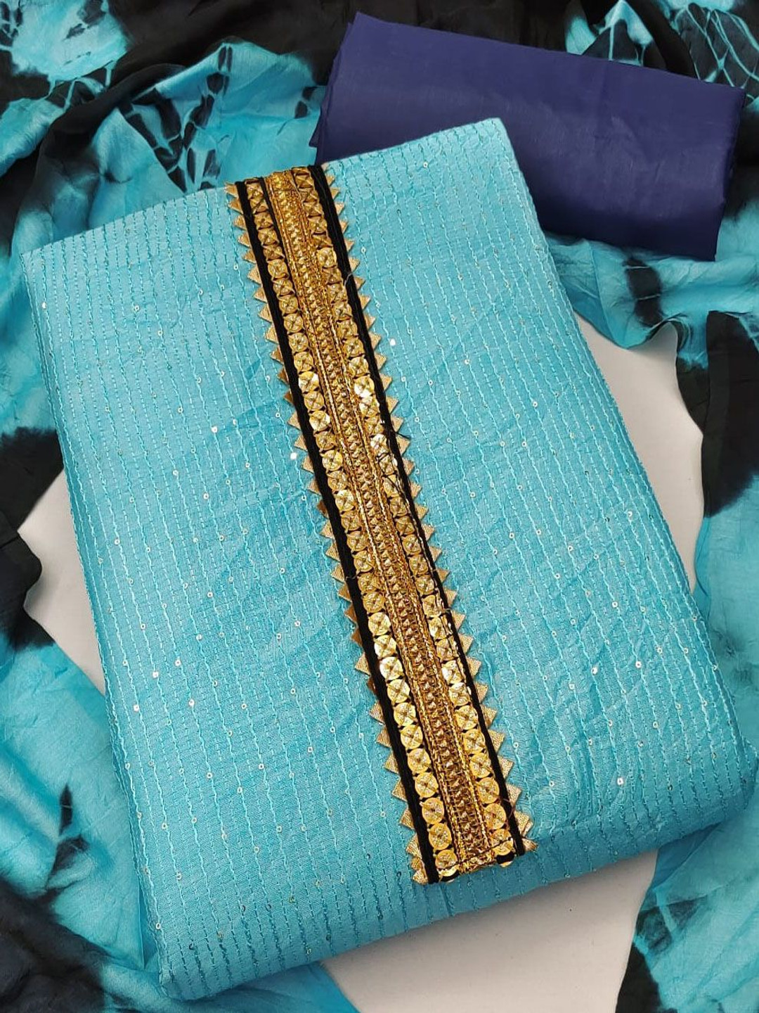 

A TO Z CART Striped Embroidered Unstitched Dress Material, Turquoise blue