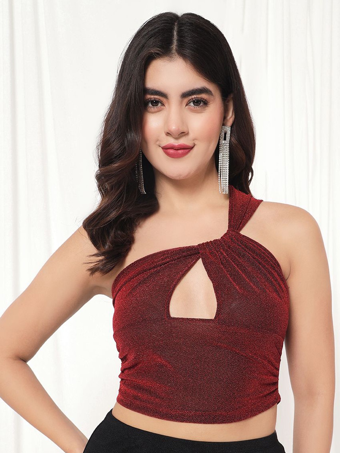 

BAESD Women One Shoulder Fitted Crop Top, Maroon