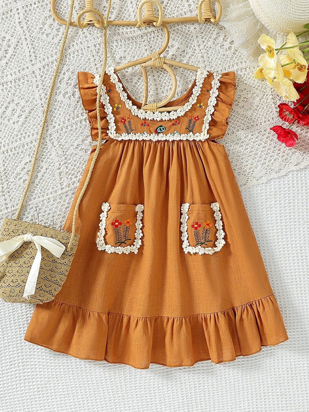 

YK Maxi Girls Embroidered Lace A-Line Dress, Brown