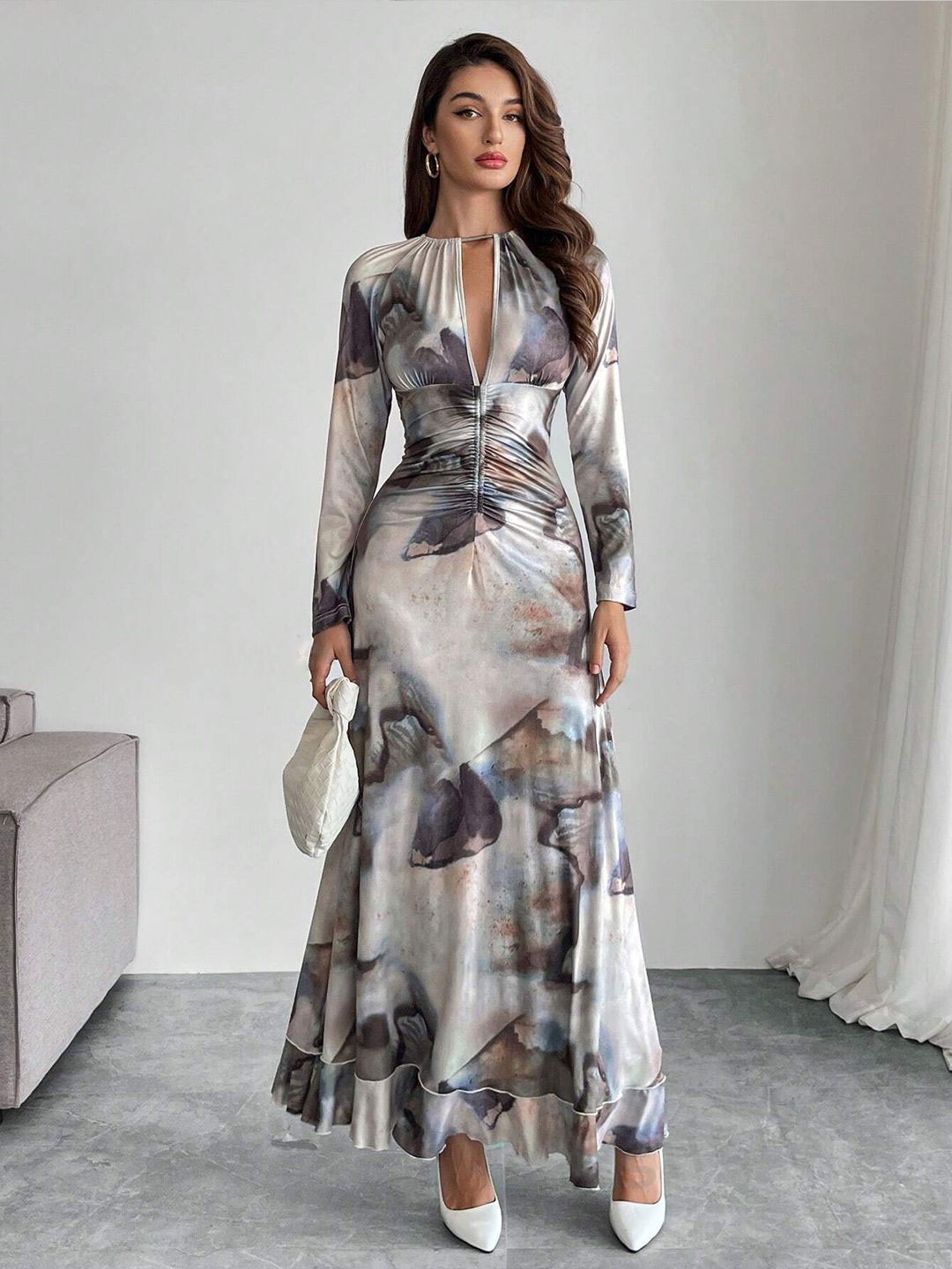 

BAESD Printed Cut-Outs Long Sleeve Maxi Dress, Grey