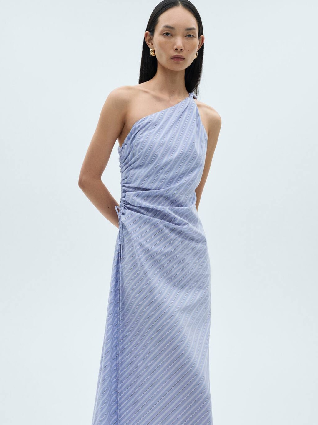 

MANGO Striped Ruched Effect One Shoulder Midi A-Line Dress, Blue