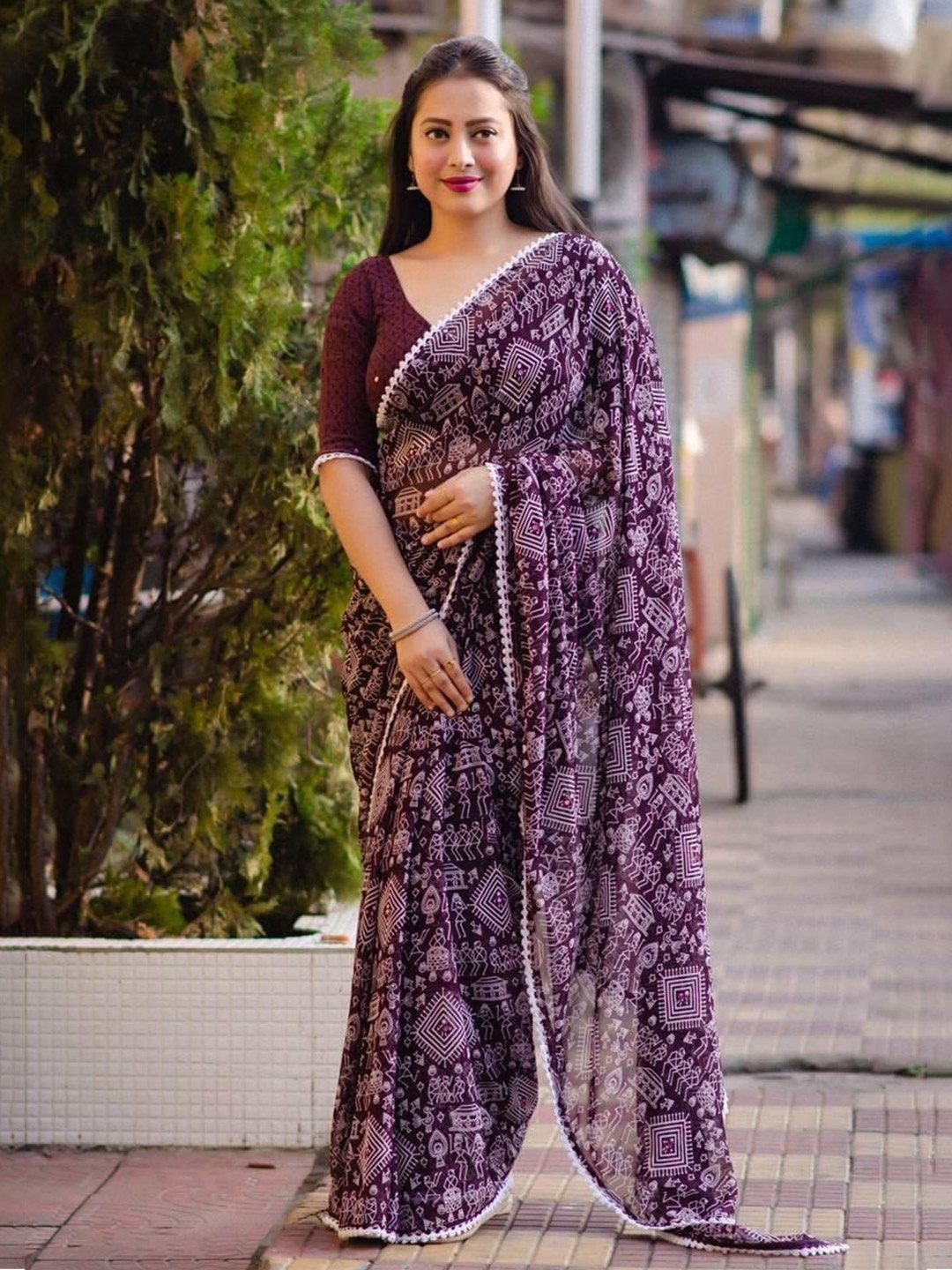 

Upalksh Kalamkari Printed Gotta Patti Jamdani Saree, Purple