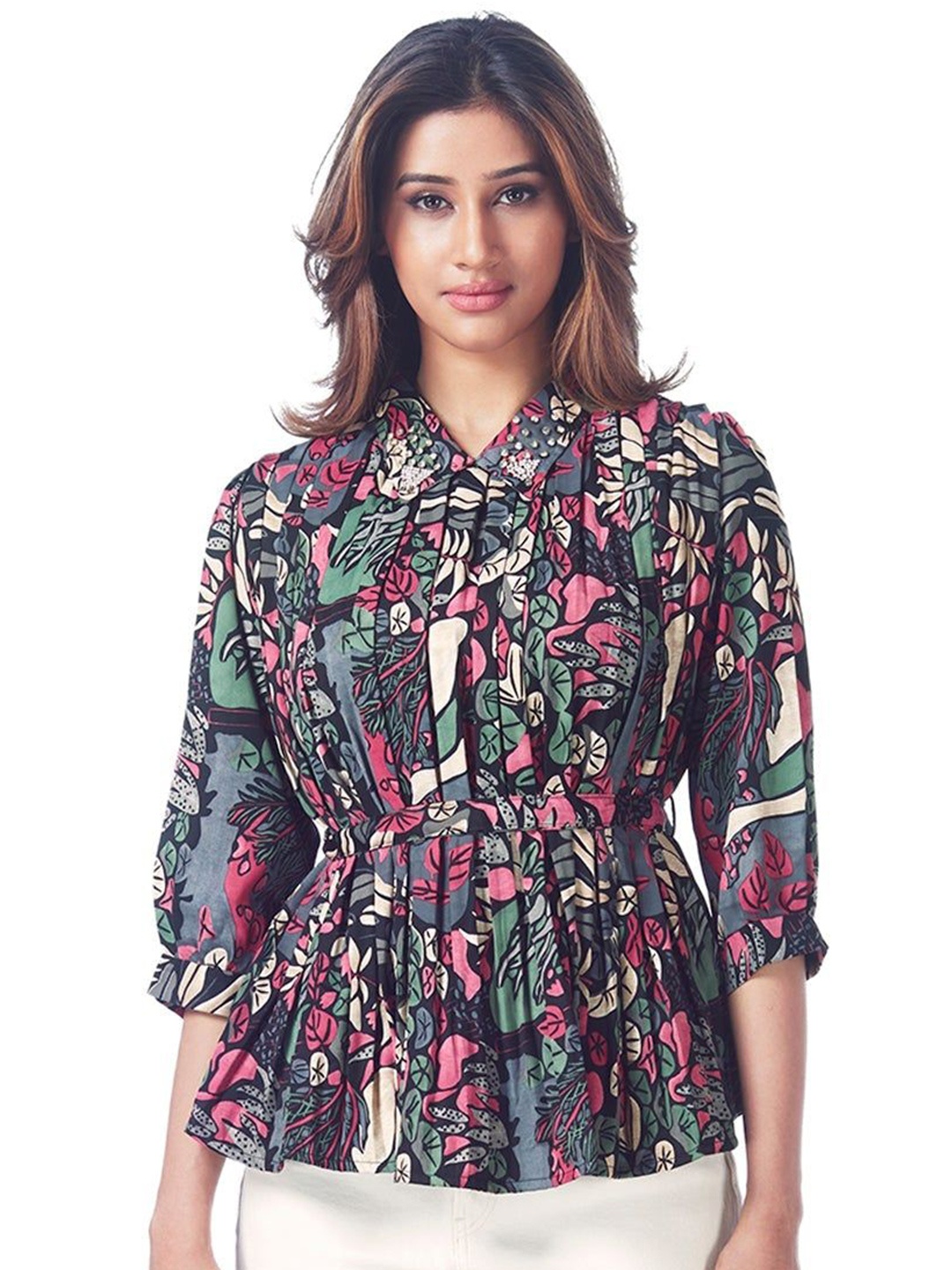 

FREYAA Women Floral Cinched Waist Top, Black