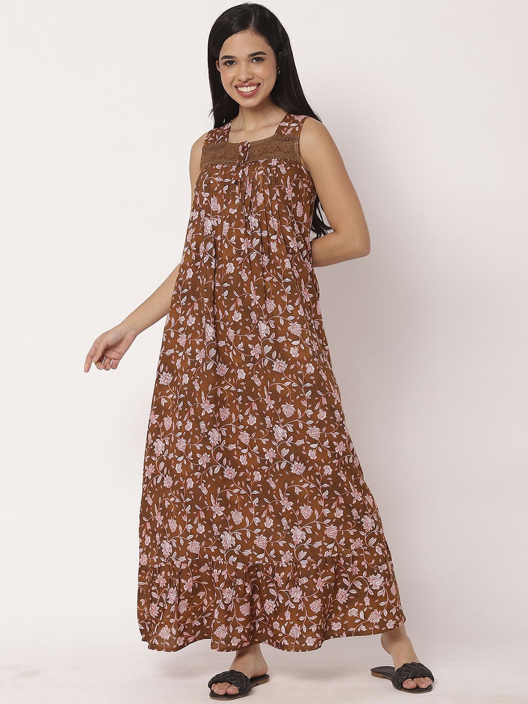 

Moomaya Women Printed Maxi Nightdress, Brown