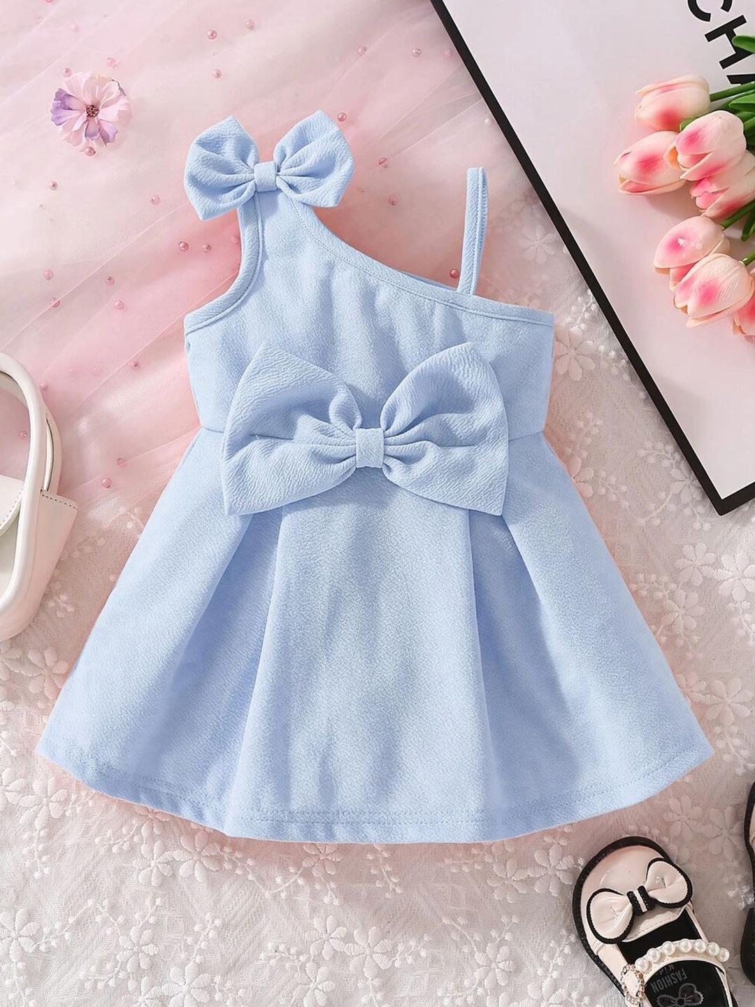 

YK Girls Shoulder Straps Fit & Flare Dress With Bow Detailed, Blue