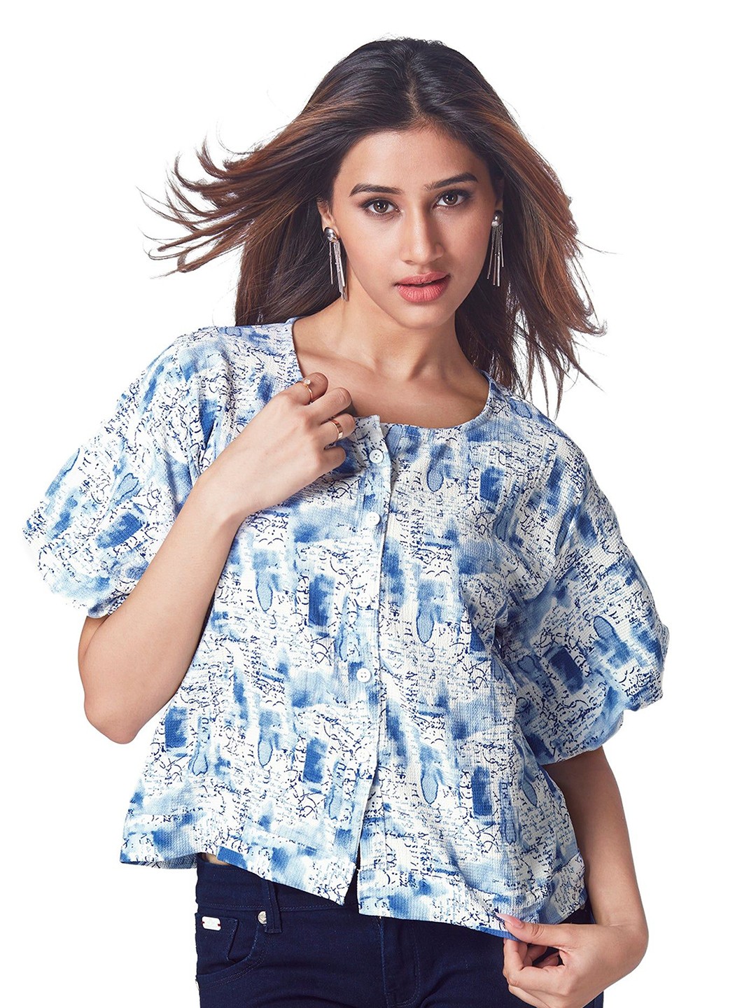 

FREYAA Printed Round Neck Boxy Top, Blue