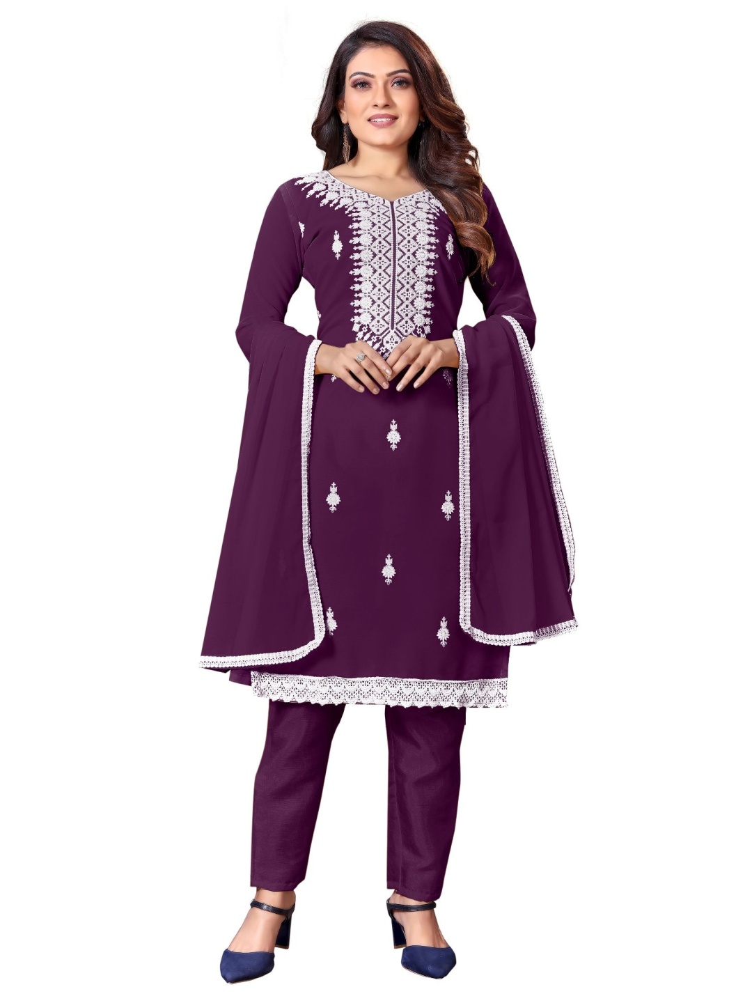 

A TO Z CART Floral Embroidered Unstitched Dress Material, Purple