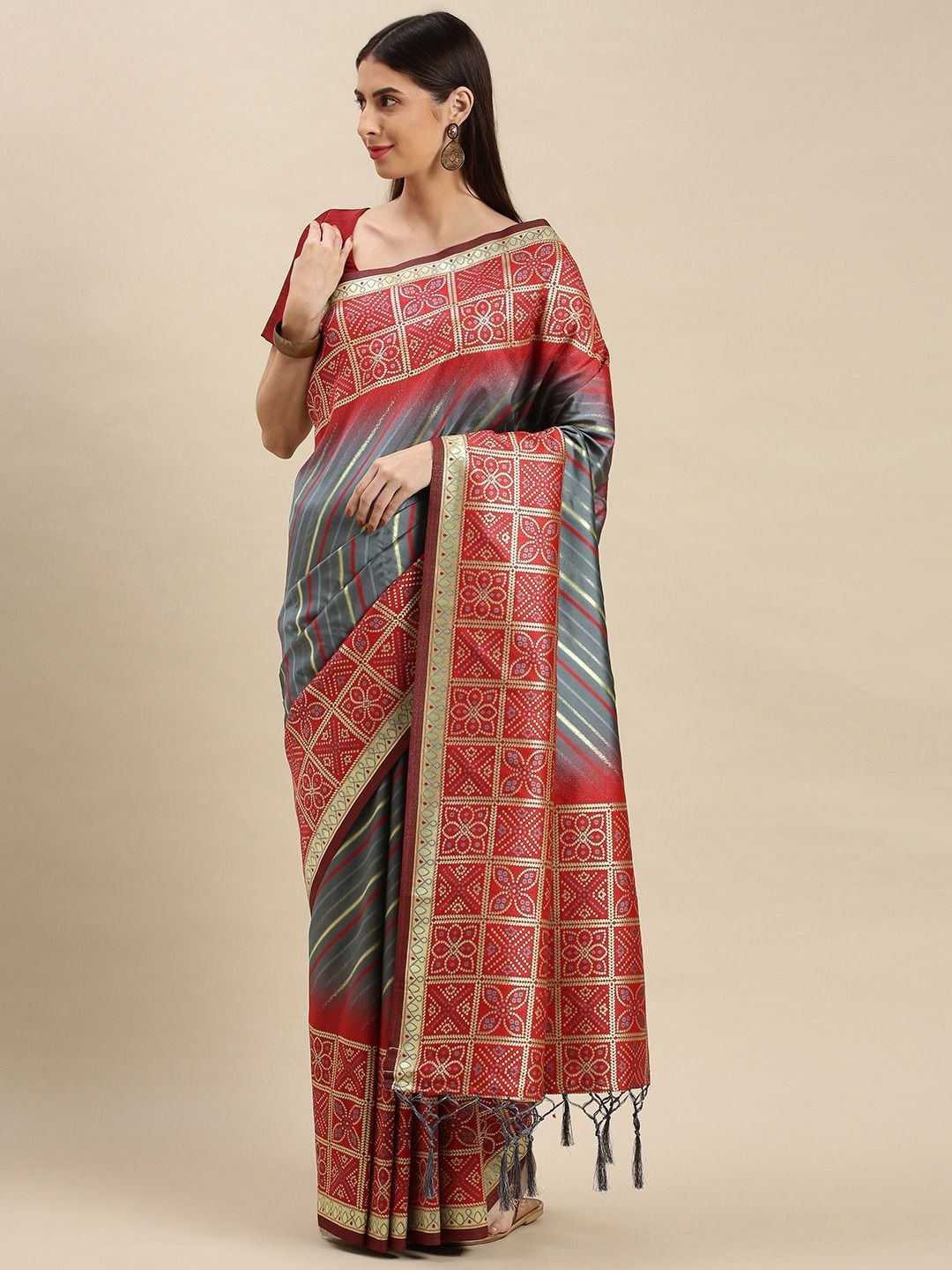 

flaher Woven Design Zari Striped Banarasi Saree, Grey