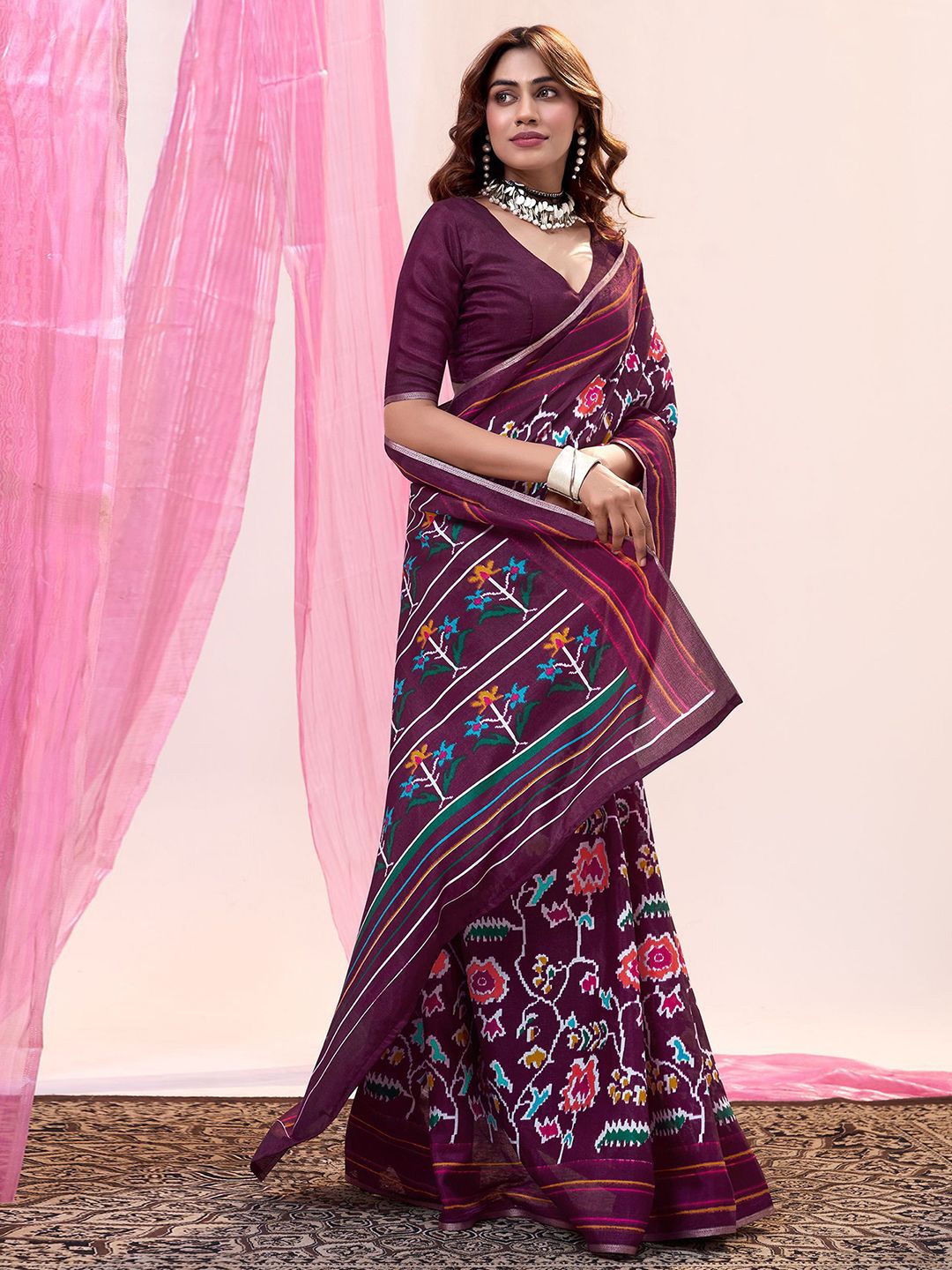 

Mitera Ethnic Motifs Ikat Saree, Magenta
