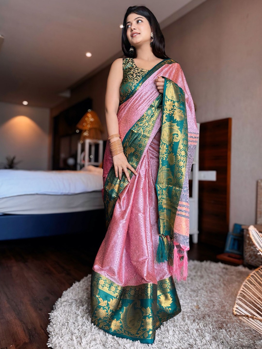 

A TO Z CART Woven Design Zari Pure Silk Kanjeevaram Saree, Pink