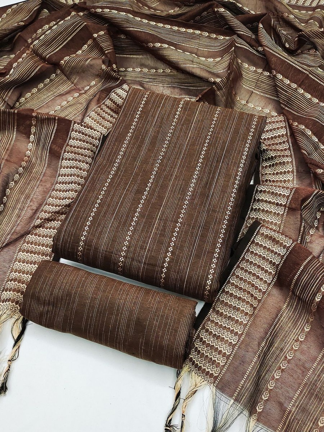 

A TO Z CART Striped Unstitched Dress Material, Coffee brown