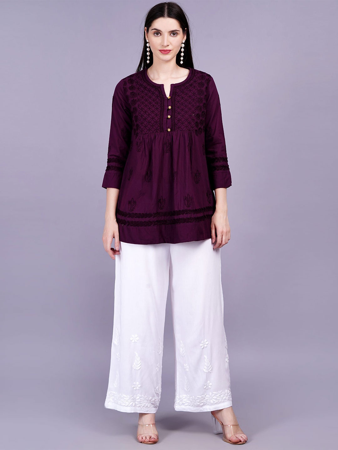 

SUFIZA LIFESTYLE Women Floral Embroidered Pure Cotton Kurti, Purple