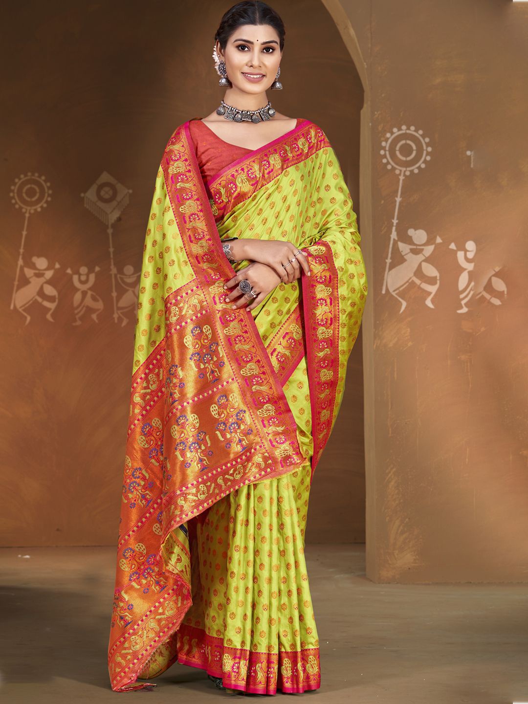 

SANGAM PRINTS Ethnic Motifs Woven Design Zari Banarasi Saree, Olive