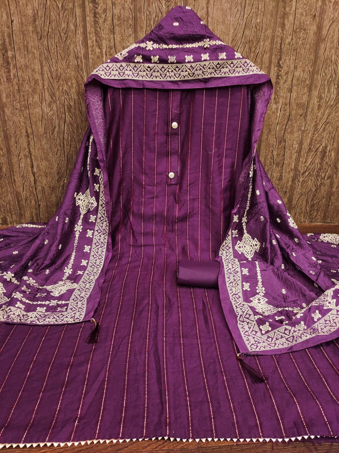 

A TO Z CART Striped Embroidered Pure Silk Unstitched Dress Material, Purple