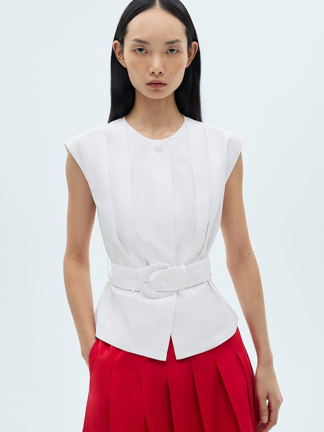 

MANGO Pure Cotton Belted Pleated Top, White