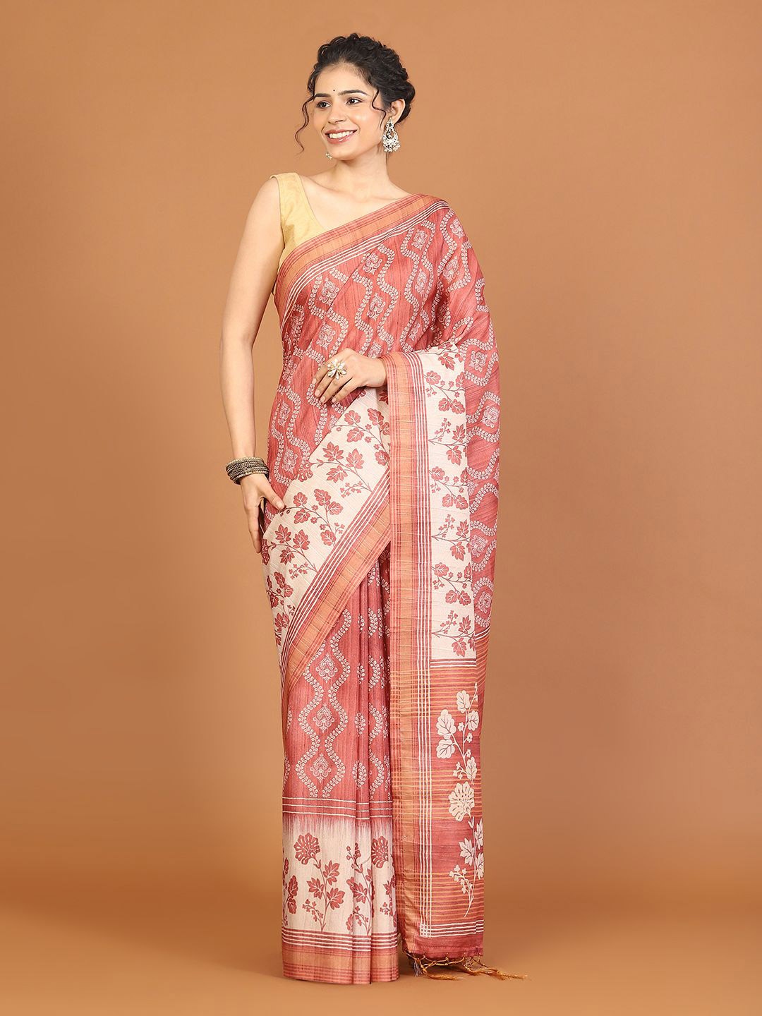 

Meena Bazaar Floral Art Silk Tussar Saree, Rust