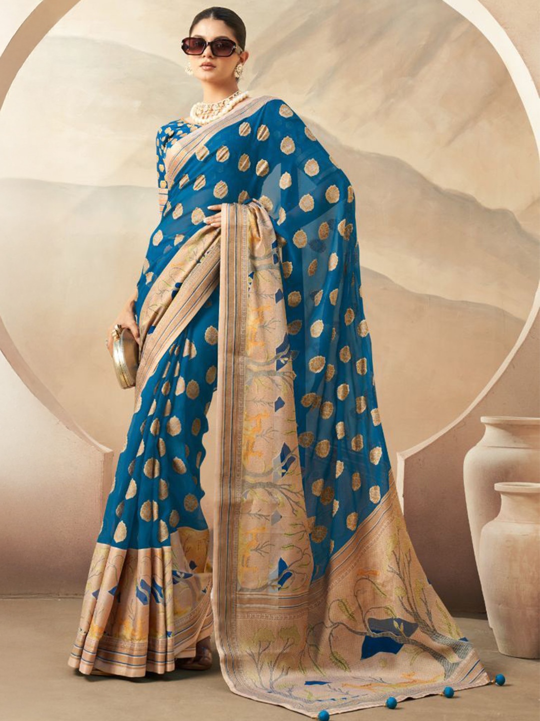 

MySilkLove Woven Design Pure Georgette Saree, Blue