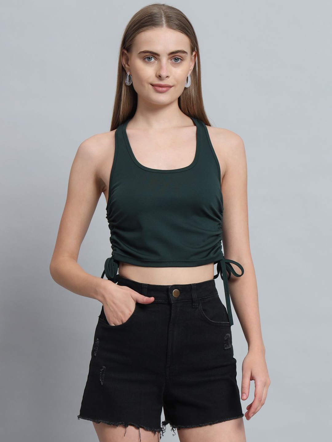 

ND & R Women Sleeveless Solid U Neck Crop top, Green