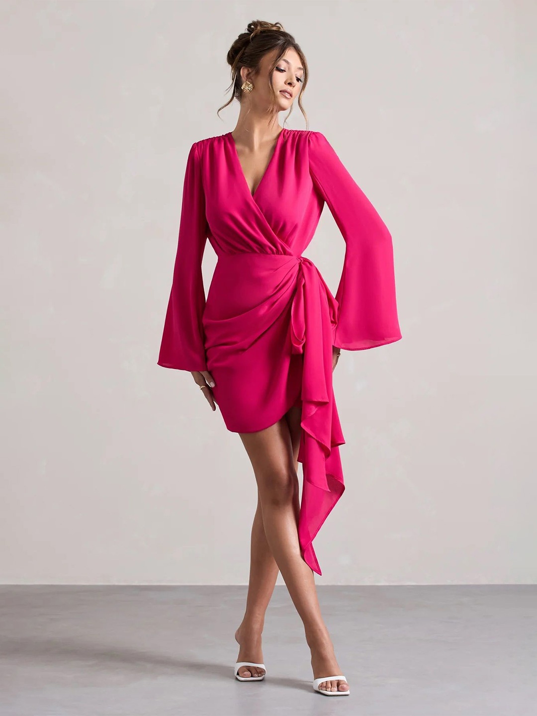 

TRAQUILA Flared Sleeve Wrap Mini Dress, Pink