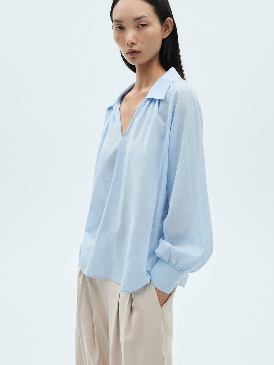 

MANGO Pure Cotton Cuffed Sleeves Semi-Sheer Shirt Style Top, Blue