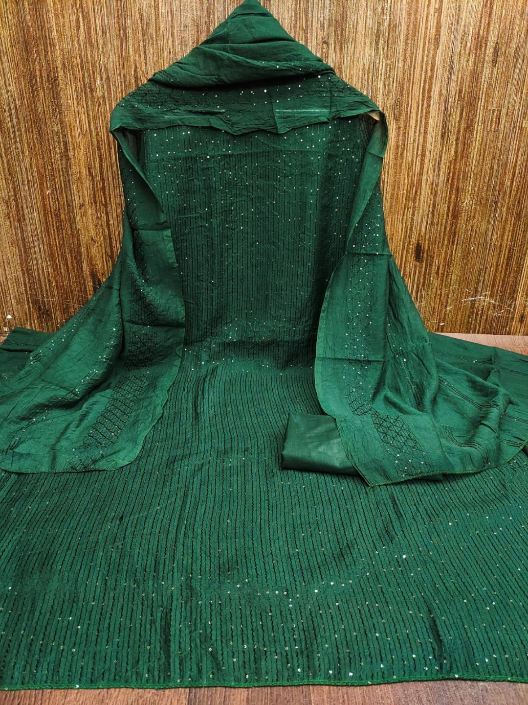 

A TO Z CART Striped Embroidered Sequinned Unstitched Dress Material, Green