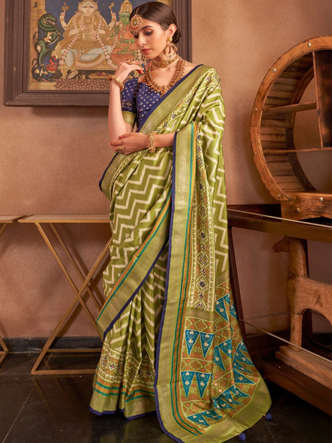 

DEVATITHI Striped Patola Saree, Lime green