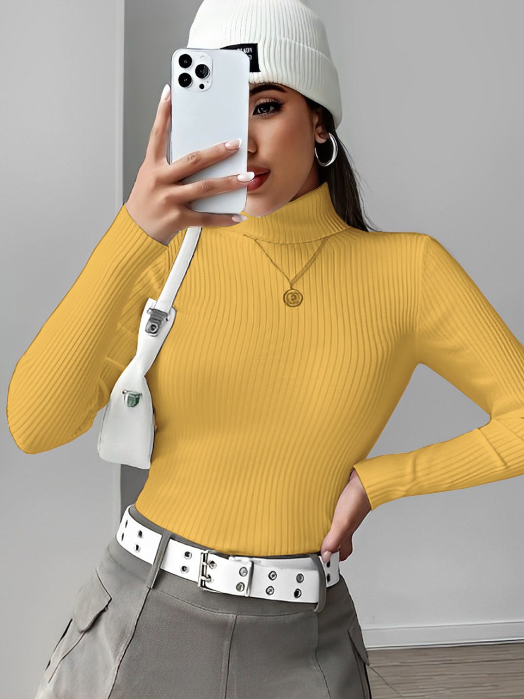 

Kushi Flyer Women Striped High Neck Long Sleeves Pullover Sweater, Mustard