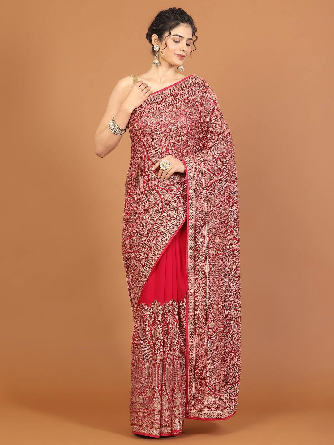 

Meena Bazaar Poly Georgette Saree, Pink