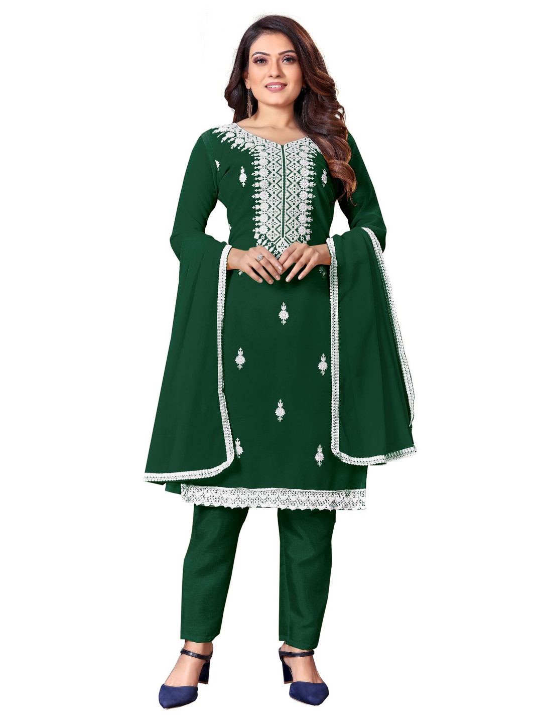 

A TO Z CART Floral Embroidered Georgette Unstitched Dress Material, Green