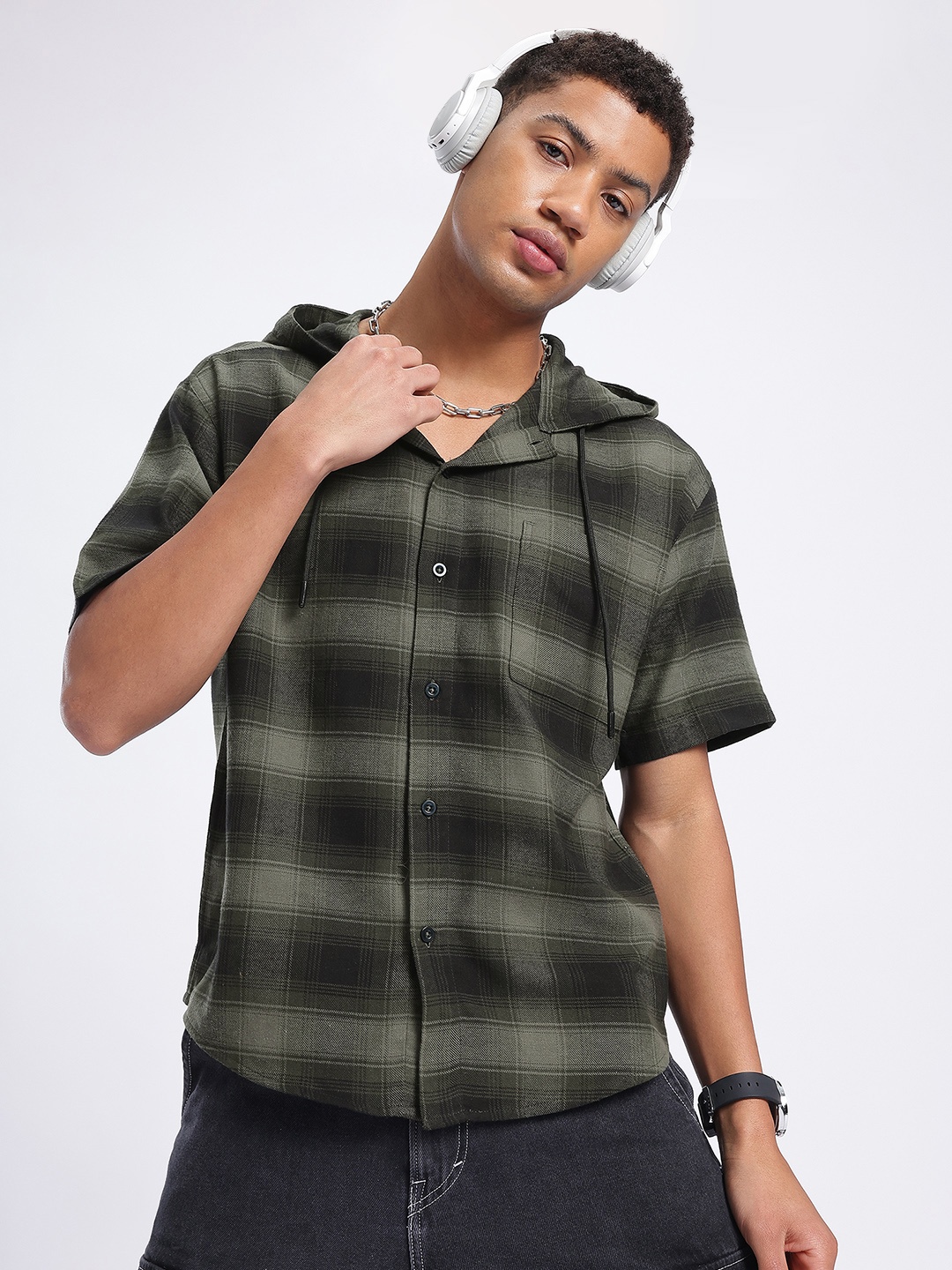 

glitchez Checked Canvas Hooded Shirt, Green