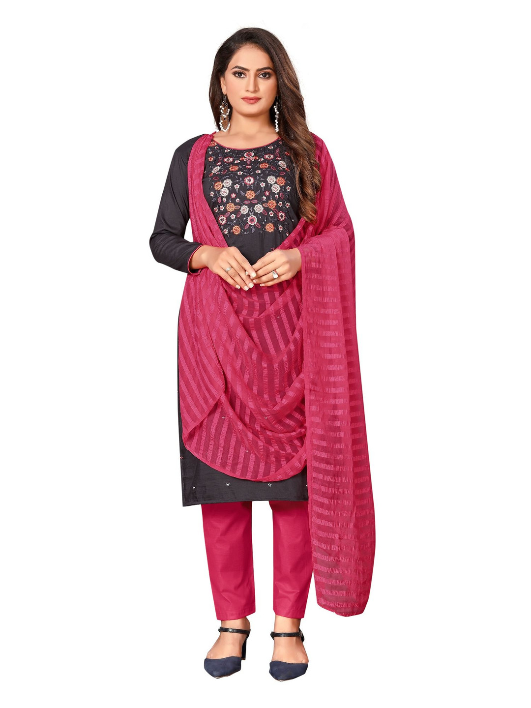 

A TO Z CART Floral Embroidered Unstitched Dress Material, Black