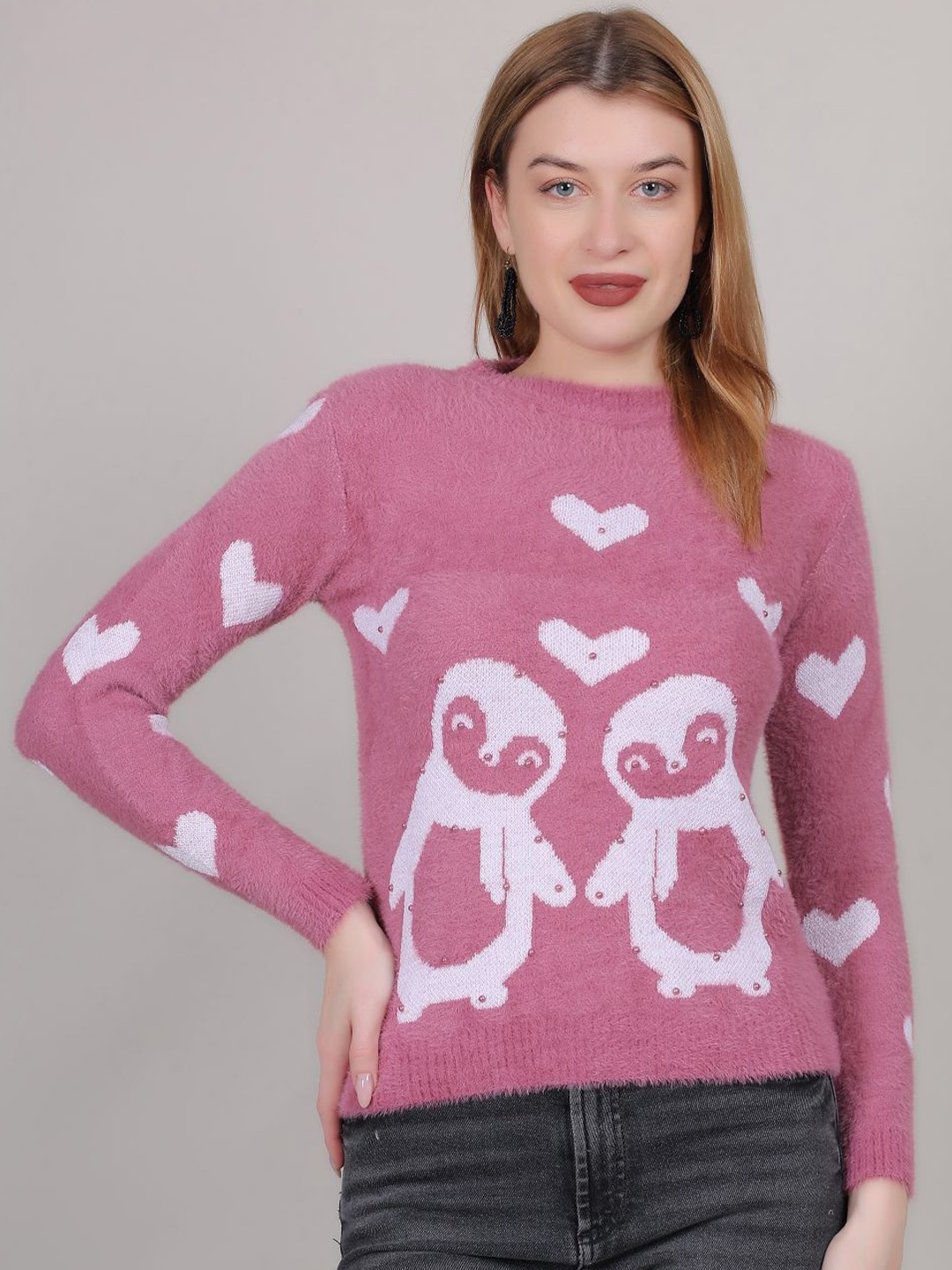 

Thansmay Kleider Women Round Neck Woollen Pullover Sweater, Pink