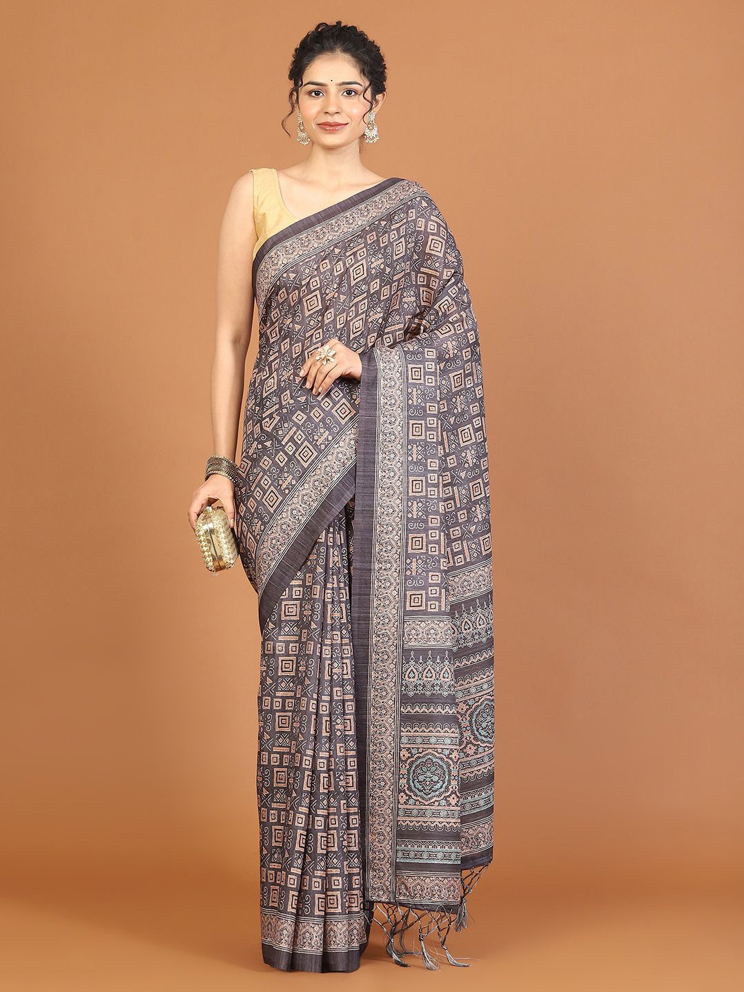 

Meena Bazaar Art Silk Tussar Saree, Grey