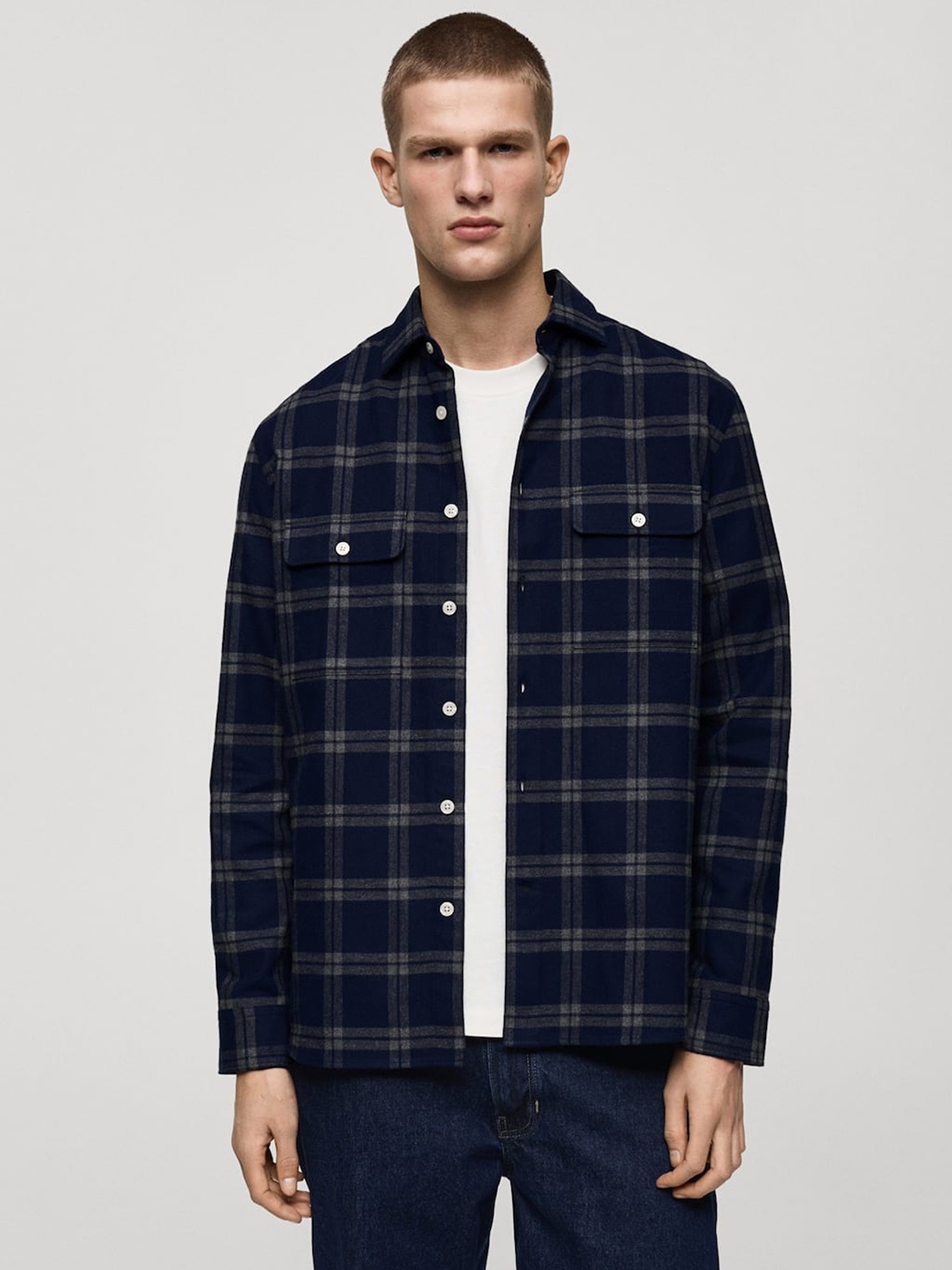 

MANGO MAN Pure Cotton Checked Flannel Shacket, Navy blue